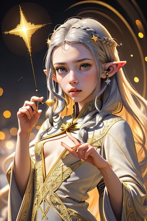 Portrait of a beautiful queen, 18yo, casting a spell, (small natural pointed ears:1.4), very long braided golden hair with silver highlights, gold circlet, (lips speaking a spell), large light grey eyes, sorrowful, medium breasts, (finely embroidered gossamer tunic and robe with stars design), random pose, outdoors, star filled sky, golden hour, professional hyperrealist art by Chuck Close, sharp focus, dramatic, award winning, dtx, (depth of field blurry background, blurry foreground, bokeh, (masterpiece), (extremely intricate:1.3), (hyperrealistic), HD