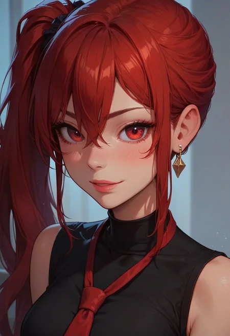 score_9_up, score_8_up, score_7_up, score_6_up, 1girl, 25 years old, perfect face, cute, petite,
detailed face, portrait, face focus, depth of field, looking at viewer, blush, shy smile, close up,
red eyes,
red hair, very long hair, side ponytail, single sidelock, hair between eyes, earrings,
black shirt, sleeveless, necktie,
office