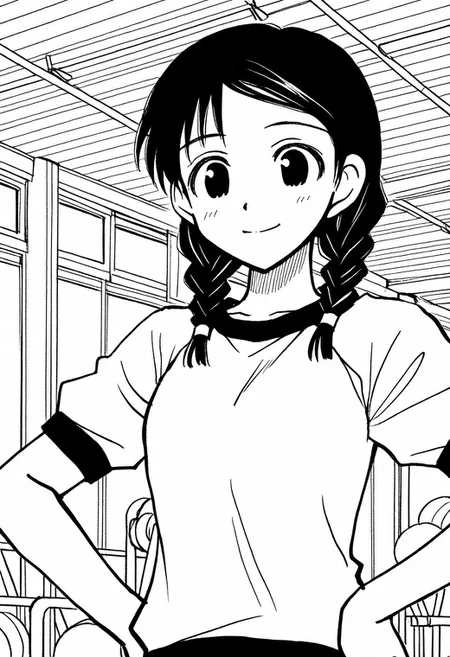 1girl, Yuukimanga, black hair, gym, twin braids, monochrome, smile, gym uniform, hands on hips, indoors, upper body