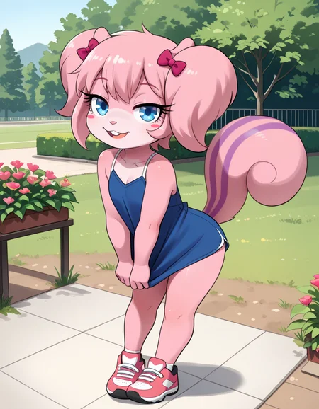 masterpiece, best quality, very aesthetic, absurdres,
outdoors,
full body, seductive smile, parted lips, long eyelashes,
<lora:Twiggy_v01_NAIXL:1>
Tw166y,1girl,solo,furry,furry female,squirrel girl,pink hair,squirrel ears,short hair,twintails,hair bow,blue eyes,blush stickers,animal nose,buck teeth,body fur,pink fur,squirrel tail,