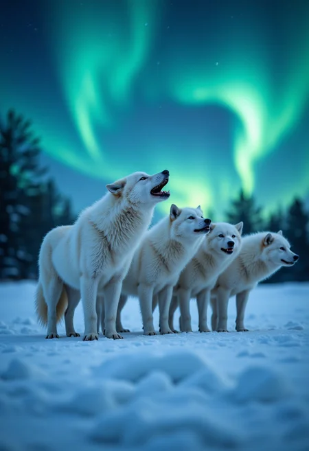 "A pack of Arctic wolves hunting in synchrony, their white coats blending seamlessly with the snowy tundra. The alpha wolf howls under the eerie light of the northern auroras, creating a surreal glow that highlights the intricate ice crystals on their fur as they stalk their prey."
, aidmafluxpro1.1, aidmaimageupgrader, aidmaHyperrealism