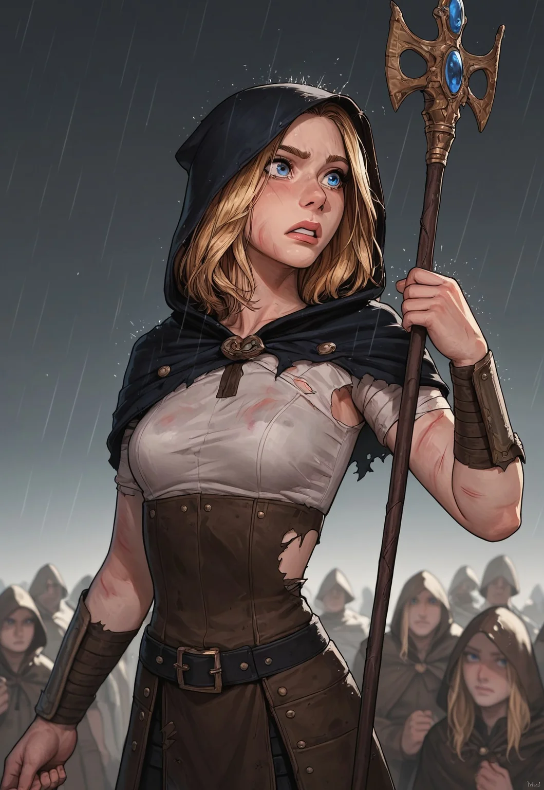 (score_9, score_8_up, score_7_up). (line work, excellent drawing, highest quality, extremely detailed:1.2). solo, 1girl, 24 year old woman, Battle Cleric, saint, vestal, hood, armor, religious, medium breasts, glossy lips, long lashes, blue eyes, blonde hair, innocent, cute face, pale skin, soft skin, scared, determined, injured, slut face, (holding a staff), nympho, horseriding skirt, fantasy, dnd, g0thicPXL, romantic, source_cartoon, depth of field, medium distance, cowboy_shot, semirealistic, dynamic angle, side view, in profile, dark background, raining, torn clothes, muddy clothes, fighting pose, fighting stance, crowd in background, surrounded by enemies,