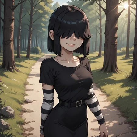score_9, score_8, BREAK, solo, Lucy Loud, black hair, goth girl, hair over eyes, pale skin, long striped arm sleeves and stockings, black dress worn over a striped shirt, and black shoes, adult female, mature female, breasts, sexy pose, self portrait, smile, outdoors, sunlight, shadows, evening lighting, natural lighting, forest, trees, grass, orange sky, sunset