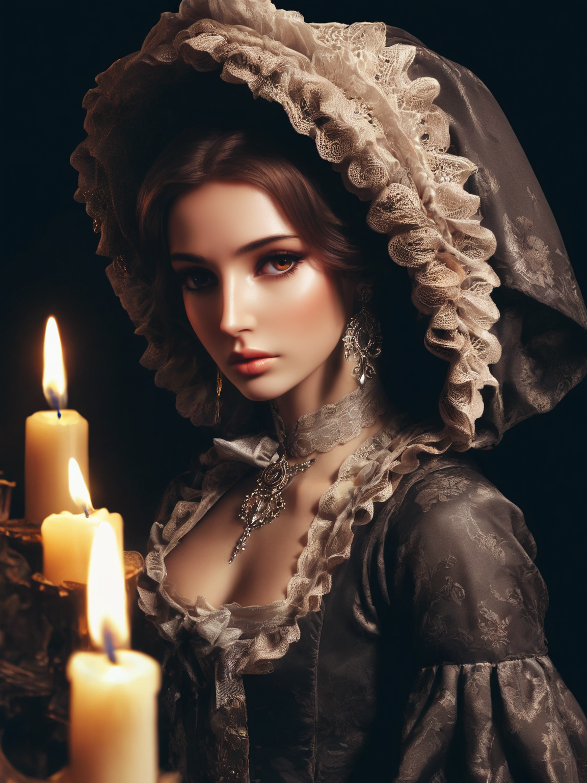 from above, georgian woman, (dark room:1.5) backdrop, (dark theme, low key, dark moody), low intensity candle light, high contrast shadows, brown eyes, delicate filigree hood, (looking down:1.1), front view, black background,  <lora:GeorgianStyleLocal:0.8> GeorgianStyle