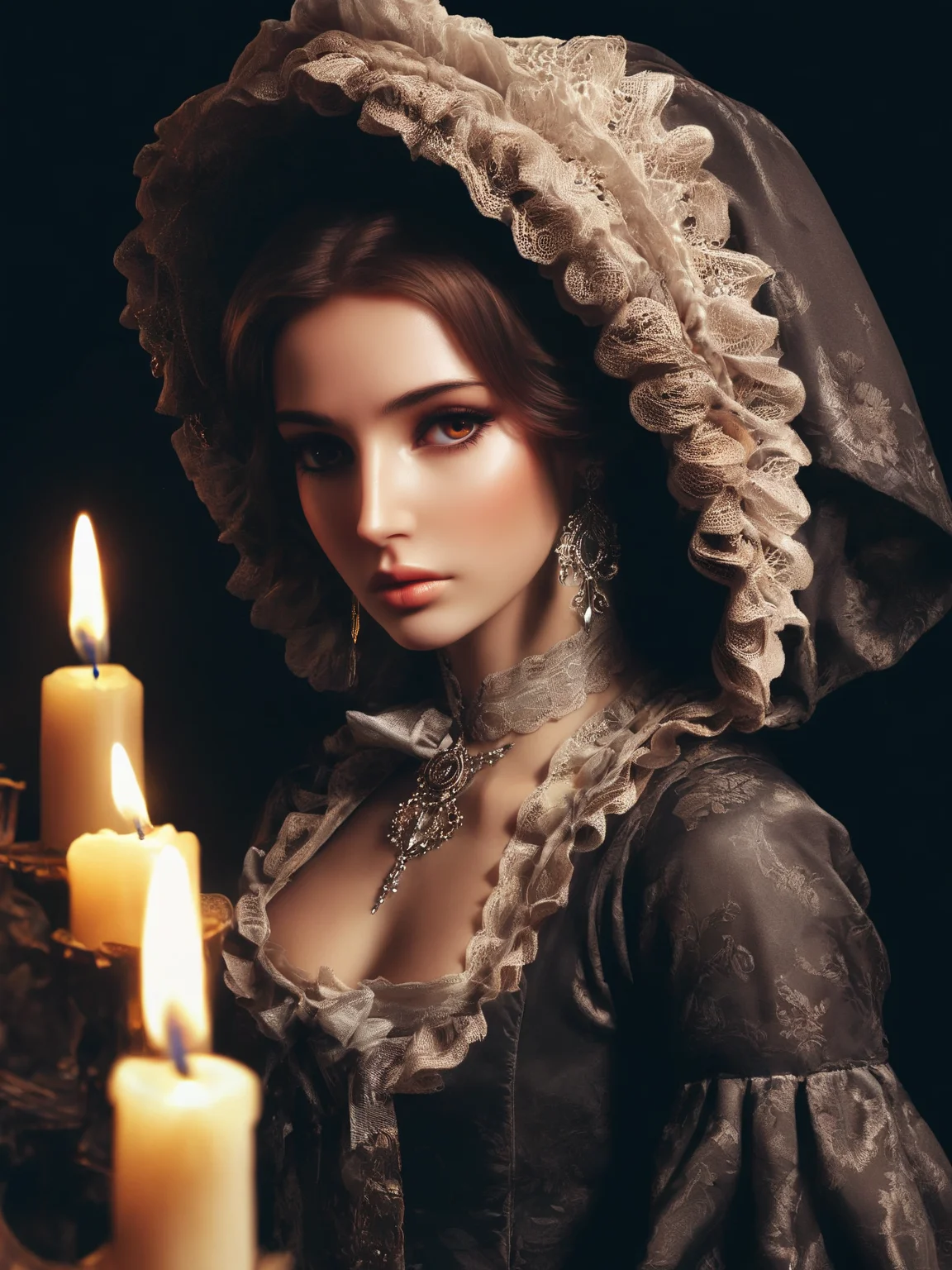 from above, georgian woman, (dark room:1.5) backdrop, (dark theme, low key, dark moody), low intensity candle light, high contrast shadows, brown eyes, delicate filigree hood, (looking down:1.1), front view, black background, <lora:GeorgianStyleLocal:0.8> GeorgianStyle