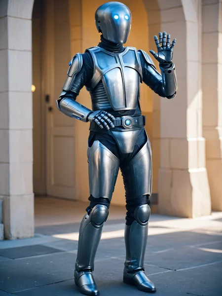 score_9, score_8_up, score_7_up,  score_6_up, BREAK, Isaacrobot, blue eyes, helmet, glowing eyes, belt, humanoid robot, boots, full body, raise left hand, waving  <lora:Isaac:1>