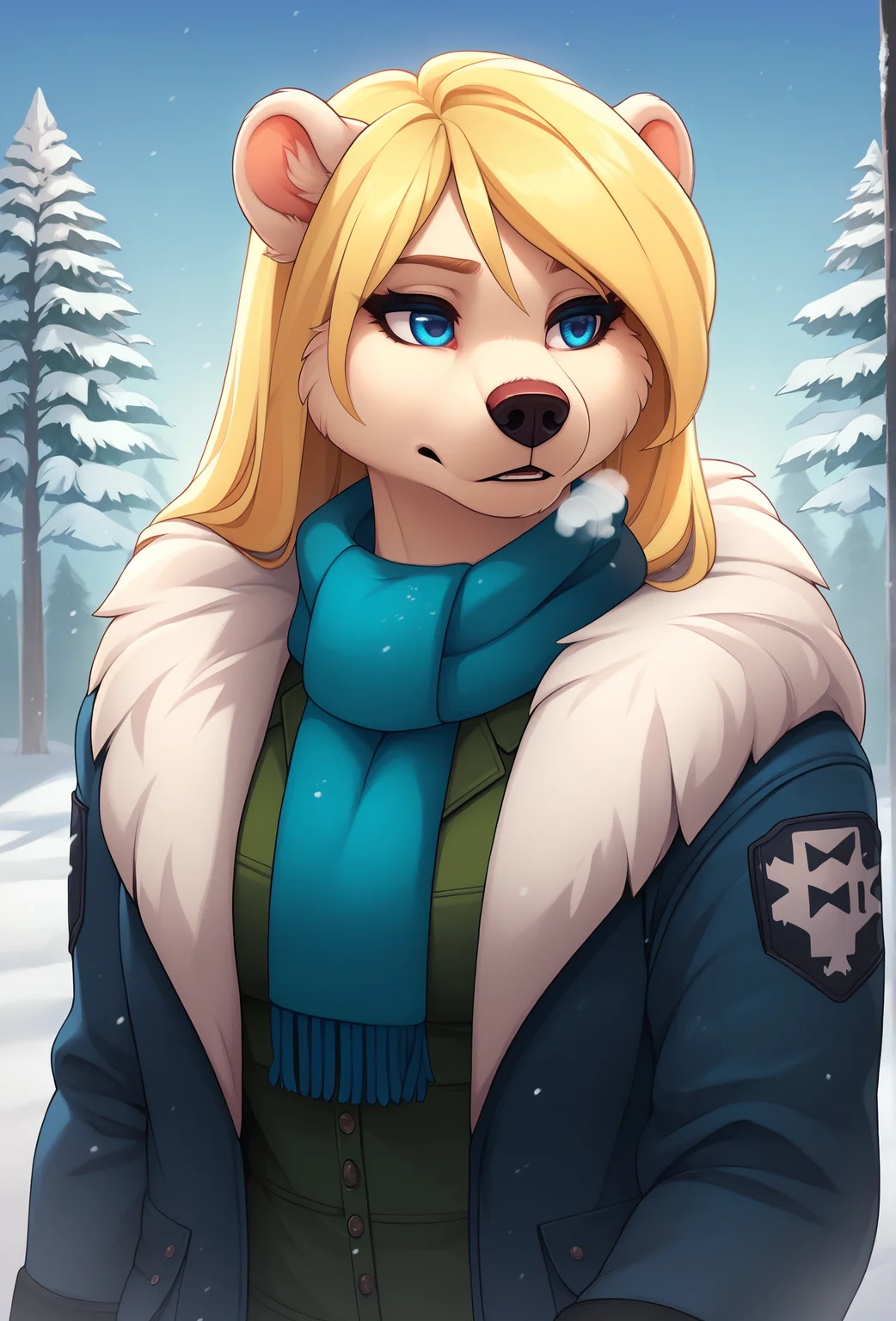 score_9, score_8_up, score_7_up, score_6_up, score_5_up, score_4_up, <lora:fluffkevlar_style_ponyXL_v1:1.0>, rating_safe,
1girl, furry, solo, polar bear, snow, blue eyes, scarf, puffy jacket, fog, breath, muscular, nature, tree, fur trim, long hair, blonde hair