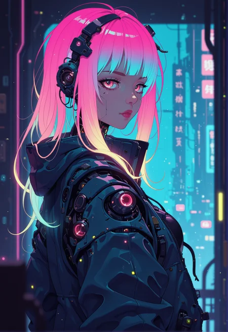 <lora:ck-nc-cyberpunk-IL-000011:1>, masterpiece, best quality, good quality, very aesthetic, absurdres, newest, 8K, depth of field, focused subject,
a cyberpunk girl with glowing hair, long hair, side view, dynamic angle, hacking, looking at viewer, gazing at viewer, surreal and eerie cyberpunk ambient, in the style of cknc
<lora:MoriiMee_Gothic_Niji_Style_Illustrious_r1:0.3>