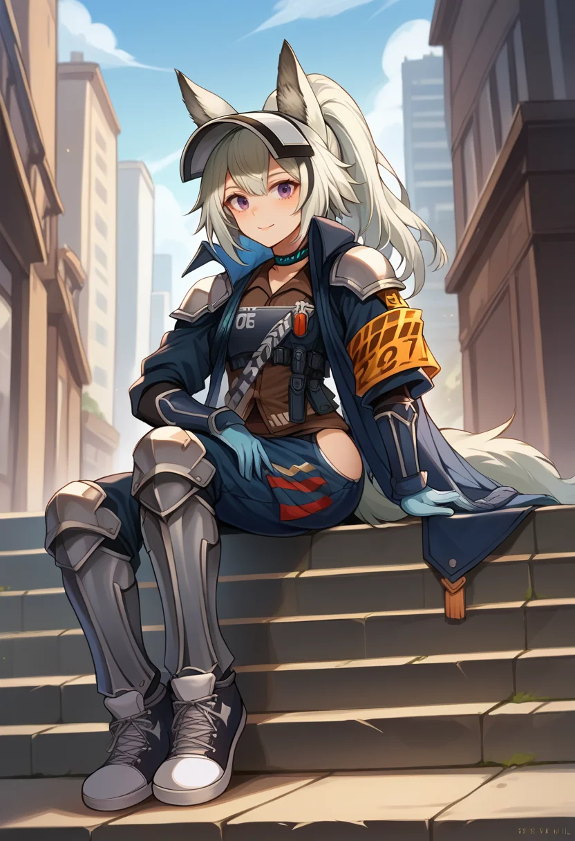 score_9, score_8_up, source_anime, 1girl, solo, GraniDefault, animal ears, long hair, high ponytail, streaked hair, tail, visor cap, black choker, blue coat, shoulder armor, blue gloves, yellow armband, brown shirt, blue pants, hip vent, leg armor, black sneakers, sitting, stairs, outdoors, city, smile, <lora:ChamGraniArknightsPonyXL:1>