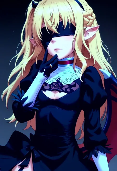 masterpiece,best quality, highly detailed, score_9, 4k, detailed, high resoltution, score_8_up, score_7_up, score_6_up,source_anime, BREAK, 1girl, Tiffany Lilystella, blonde, one sided ponytail, red eyes, filled collar, demon girl, demon tail, pointy ears, thight straps, elbow gloves, ring on middle finger, wings, small breasts,<lora:2b-cosplay-ponyxl-lora-nochekaiser:1>, 2bcosplay, 2b \(nier\:automata\) \(cosplay\), gloves, long sleeves, dress, puffy sleeves, black dress, clothing cutout, cleavage cutout, juliet sleeves, feather-trimmed sleeves, blindfold, black blindfold, covered eyes,