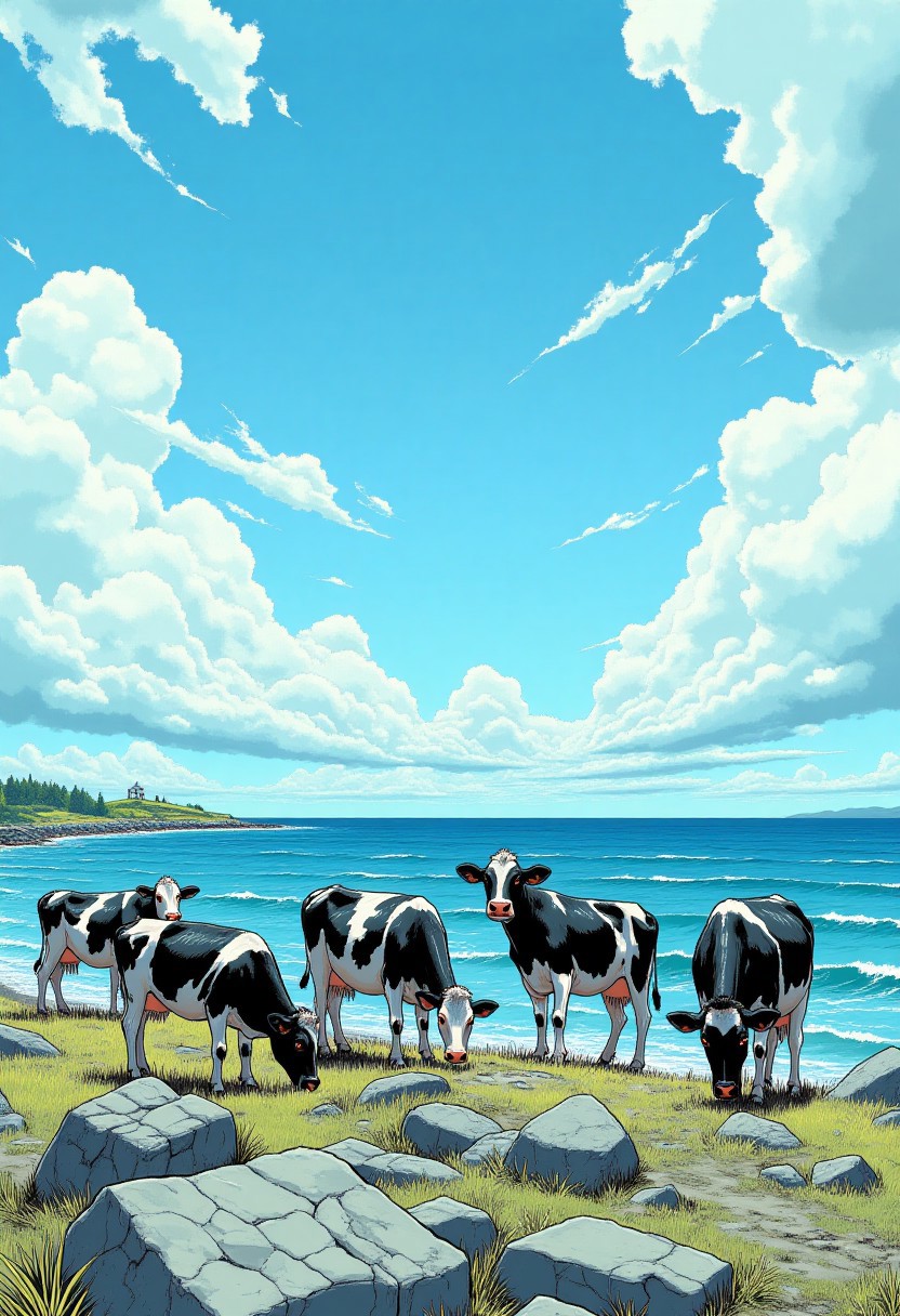 comic panel capturing a group of six black and white Holstein cows grazing on a rocky shoreline. The cows, with varying shades of black and white, are positioned on the foreground and midground. The background features a bright blue sky with scattered white clouds and the expansive sea, which is a deep blue. The ground is a mix of rocky terrain and patches of green grass. The cows appear relaxed and are scattered across the landscape. The image conveys a serene, pastoral setting under clear, sunny weather. c0mix2, aidmamj6.1