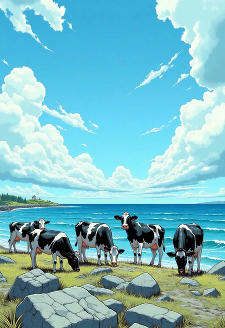 comic panel capturing a group of six black and white Holstein cows grazing on a rocky shoreline. The cows, with varying shades of black and white, are positioned on the foreground and midground. The background features a bright blue sky with scattered white clouds and the expansive sea, which is a deep blue. The ground is a mix of rocky terrain and patches of green grass. The cows appear relaxed and are scattered across the landscape. The image conveys a serene, pastoral setting under clear, sunny weather. c0mix2, aidmamj6.1