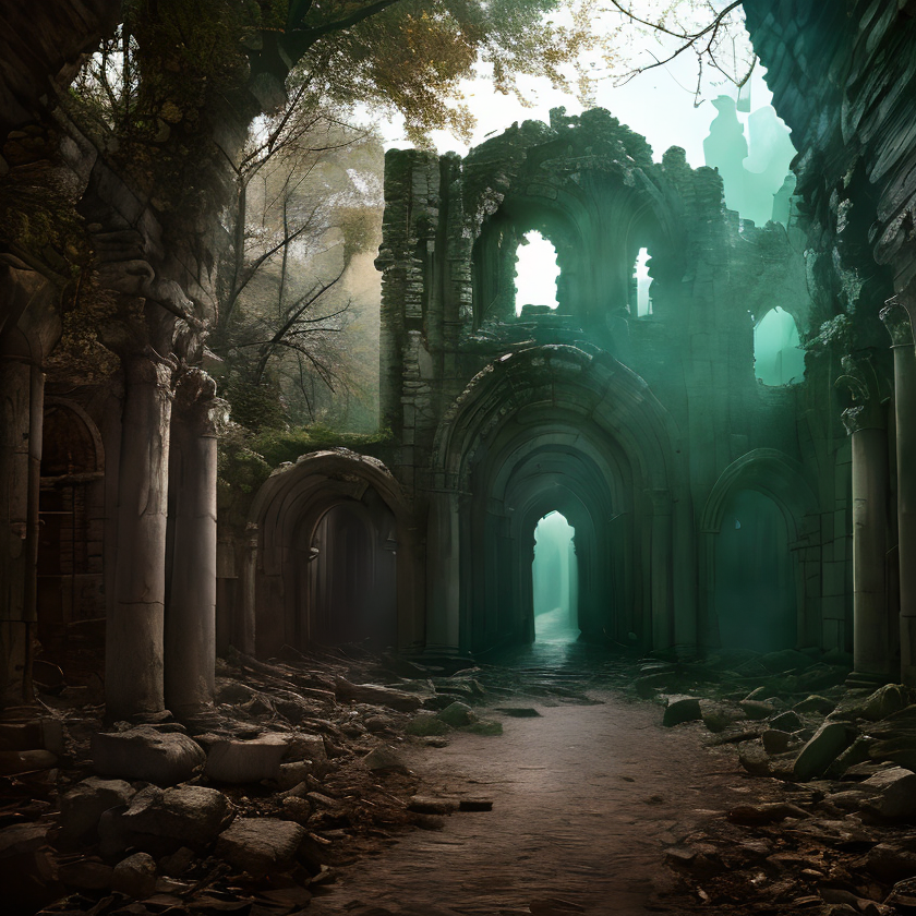 (masterpiece:1.2), (best quality,:1.2), 8k, HDR, ultra detailed, ((photorealistic)), professional light, cinematic lighting, fashion photography, ambient lighting,<lora:detail_slider_v4:3>, sinister ruins in a dark forest, FanRu <lora:FantasyRuins-10:0.7>, epiCPhoto