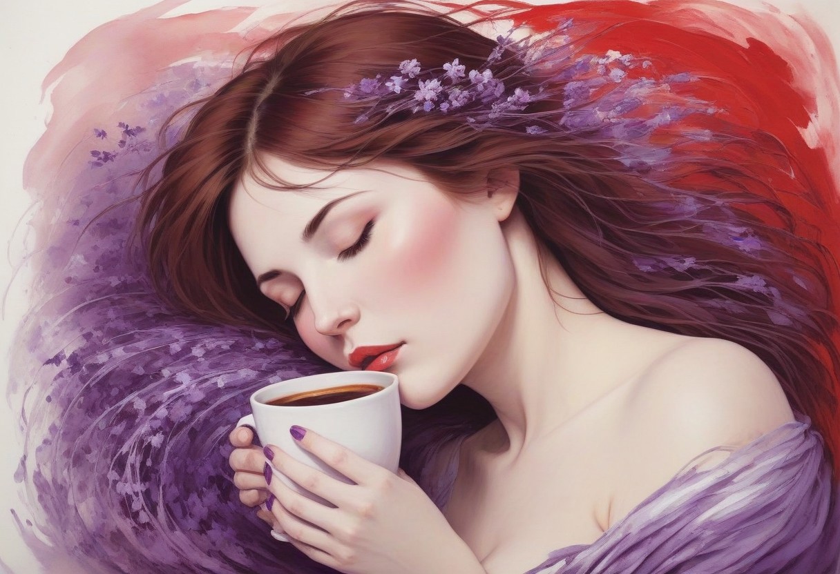 Sleepy woman holding a  ((((((coffee))))))) mug, wild brush strokes , ((red and purple white))