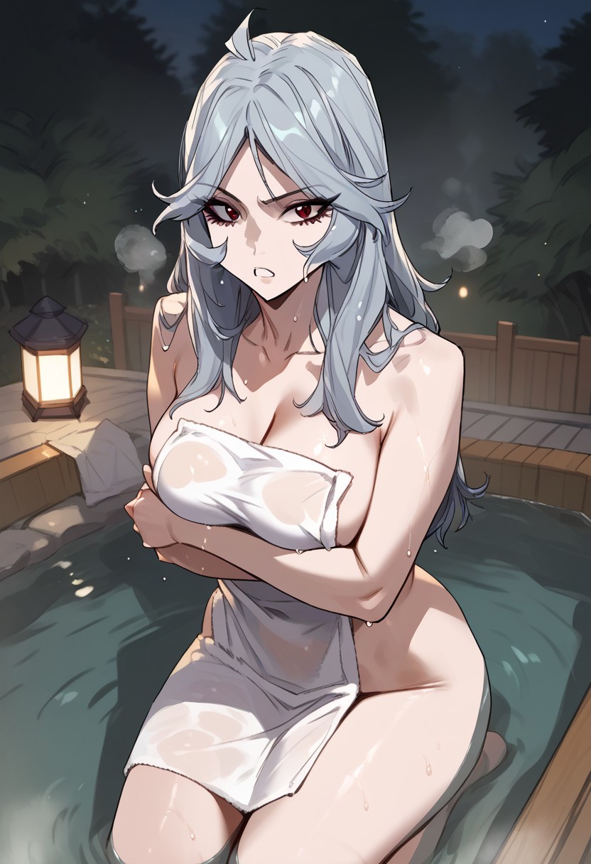 zPDXL3, score_9_up, score_8_up, score_7_up, (Anime_source), 1girl, Mara, red eyes, grey hair, long hair, soft hair, nude, towel, covering, parted lips, kneeling in hot tub, outside, night, trees, cowboy shot, steam, wet, looking at viewer, from above