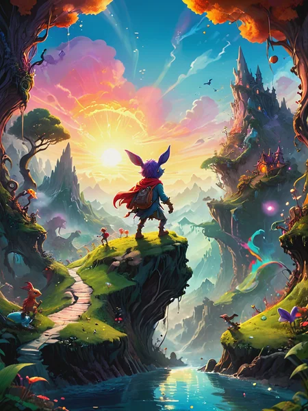 action frame, a cartoon character embarking on an adventurous journey through a fantasy world, adventurous, magical, vibrant, dynamic, fantastical, enhancing the magical elements of the scene, vast and enchanting landscapes of the fantasy world, dawn, with the soft light of the rising sun illuminating the fantastical creatures and landscapes, vibrant colors and whimsical characters defining the scene, mythical creatures and magical landscapes creating a sense of wonder, <lora:xl_more_art-full_v1:0.8>