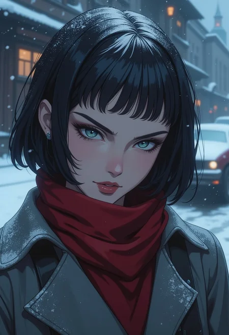 (8k resolution, absolute masterpiece, ultra detailed, best quality, masterpiece, colorful, highest detailed), (intricate details), (dynamic angle), (anime, masterpiece, intricate:1.3), (best quality, hires textures, high detail:1.2), (4k),(incredibly detailed:1.4), perfect anatomy, graceful face, slim, big breasts, constricted waist, nice body, lips, arrogant look, villain, 1woman, evilish smile, high pointed nose, (nostrils:1.3) UHD, 8K, ultra detailed, a cinematic photograph of HDR photo of Closeup photo of a beautiful natural 22-year-old woman, gray shirt soaked, pale skin, blue eyes, bob hair, black hair with a white streak, evil look, Coat, red scarf, winter, snowing, bare head,