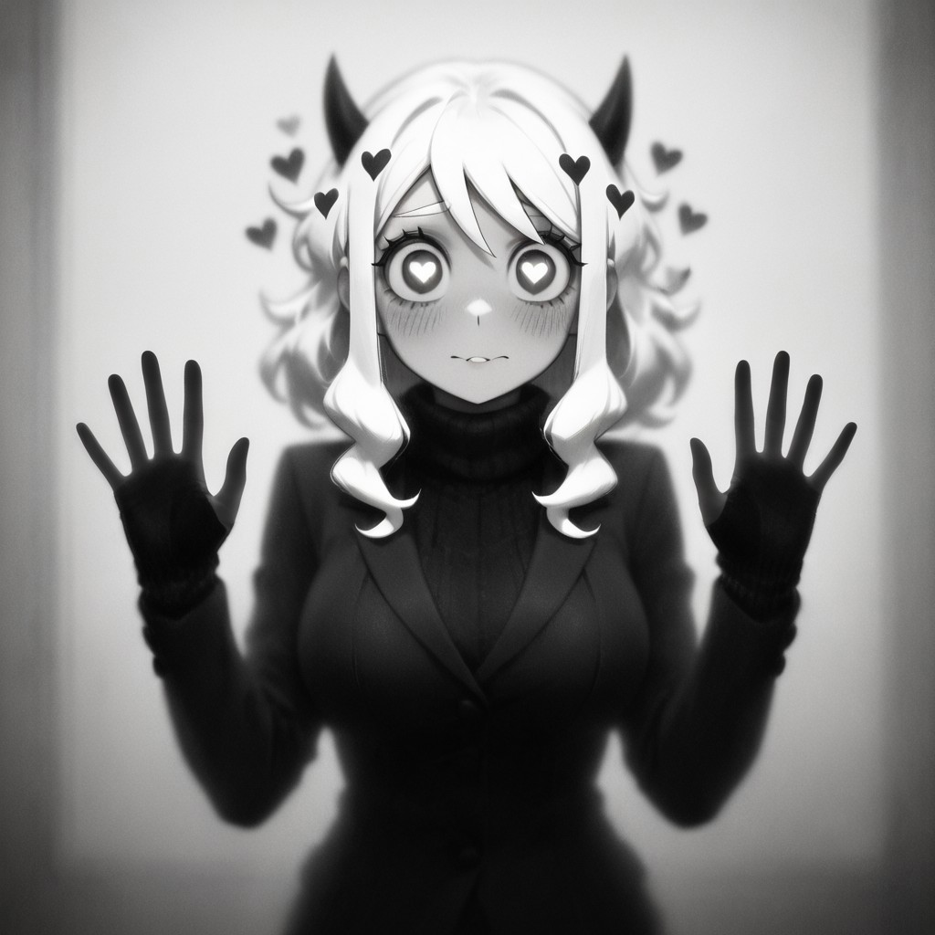 masterpiece, best quality, newest, absurdres, highres, 
IBWV1.0, silhouette, blurry, monochrome, window, glass, 
1girl, modeus (helltaker), white hair, horns, hearts, symbol shaped pupils,