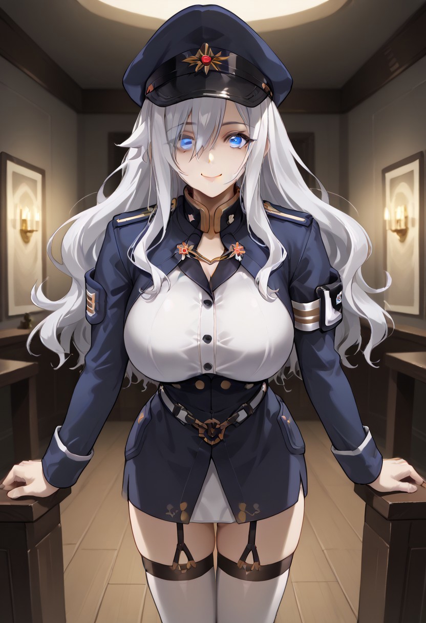 score_9, score_8_up, score_7_up, 1girl, sylwia krzasinska, source_anime, solo, anime screencap, anime coloring, zPDXLxxx, Expressiveh, white hair, wavy hair, long hair, blue eyes, hair over one eye, one eye covered by hair, perfect lips, vibrant eye color, expressive eyes, ultra-feminine, ultra-detailed face, ultra-detailed skin, lustrous ultra-detailed hair, (extreme hourglass figure: 1.5), ultra-slim proportions, (feminine muscles: 1.1), (long breasts, perfectly round breasts, huge breasts: 1.5), ultra-narrow waist, ultra-flared hips:, perfectly round ass, (ultra-jutting ass, shapely ass: 1.2), perfect butt crack, (thin tighs, ultra-fit figure, long legs: 1.5), bursting breasts, ultra-jutting breasts, ultra-pointy breasts,  blue headwear, blue jacket, blue skirt, hat, jacket, military, military hat, military uniform, peaked cap, shirt, skirt, thighhighs, uniform, white shirt, white thighhighs, indoors, detailed background, military base, sci-fi base, steel grey walls, alert lights, staring at viewer, leaning forward, breasts focus, evil smile, sexually suggestive, horny