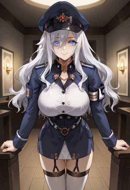 score_9, score_8_up, score_7_up, 1girl, sylwia krzasinska, source_anime, solo, anime screencap, anime coloring, zPDXLxxx, Expressiveh, white hair, wavy hair, long hair, blue eyes, hair over one eye, one eye covered by hair, perfect lips, vibrant eye color, expressive eyes, ultra-feminine, ultra-detailed face, ultra-detailed skin, lustrous ultra-detailed hair, (extreme hourglass figure: 1.5), ultra-slim proportions, (feminine muscles: 1.1), (long breasts, perfectly round breasts, huge breasts: 1.5), ultra-narrow waist, ultra-flared hips:, perfectly round ass, (ultra-jutting ass, shapely ass: 1.2), perfect butt crack, (thin tighs, ultra-fit figure, long legs: 1.5), bursting breasts, ultra-jutting breasts, ultra-pointy breasts, blue headwear, blue jacket, blue skirt, hat, jacket, military, military hat, military uniform, peaked cap, shirt, skirt, thighhighs, uniform, white shirt, white thighhighs, indoors, detailed background, military base, sci-fi base, steel grey walls, alert lights, staring at viewer, leaning forward, breasts focus, evil smile, sexually suggestive, horny