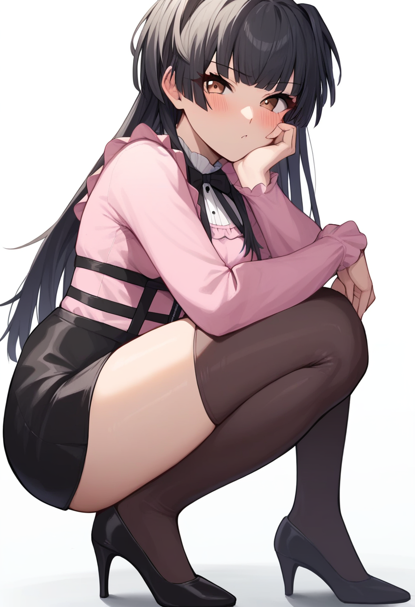 score_9,score_8_up,score_7_up,<lora:idolmaster_shiny_colors:1>,
squatting, solo, black_skirt, simple_background, hand_on_own_cheek, blush, thighs, jirai_kei, black_thighhighs, ass, highres, blunt_ends, doyagao, high_heels, hand_on_own_thigh, mayuzumi_fuyuko, looking_at_viewer, white_background, full_body, frilled_sleeves, legs_together, pink_shirt, 1girl