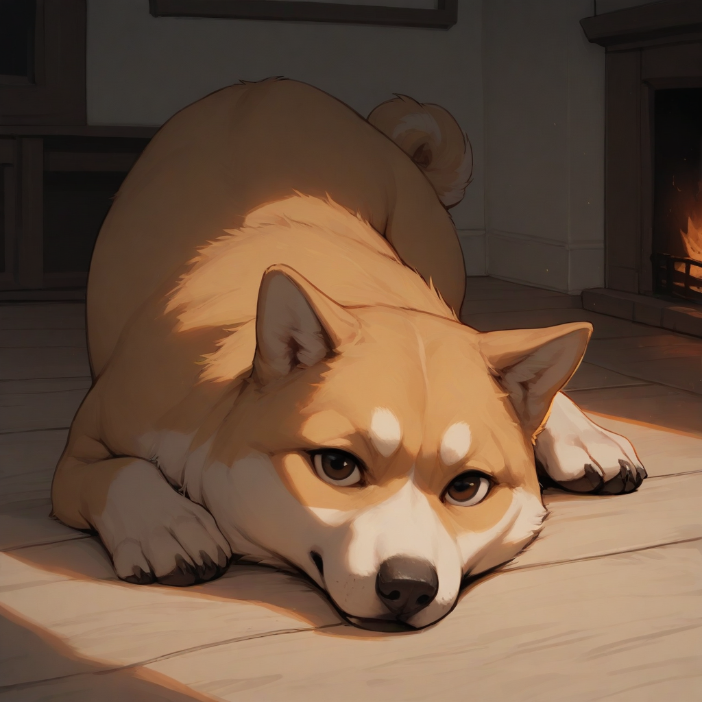 masterpiece, best quality, stylized, no humans, dog, shiba inu, lying, looking at viewer, wooden floor, fireplace, indoors, light