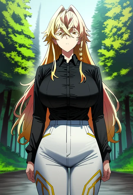 score_9, score_8_up, score_7_up, score_6_up, source_anime, rating_explicit, <lora:neg4all_bdsqlsz_V3.5:2.0>1girl, (solo:1.1), huge breasts, <lora:Ajest Jedgar F. Roguepalaceponyxl:1> long hair, blonde hair, hair between eyes, yellow eyes, hair intakes, braid, crossed bangs, colored eyelashes, black shirt, collared shirt, long sleeves, whtie pants, expressionless, Narrow shoulders, heavy breathing, steaming body, forest, outdoors, looking at viewer, standing