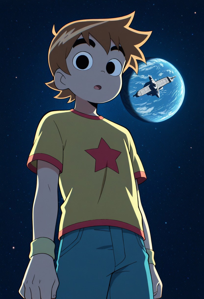 masterpiece,best quality,amazing quality, source_anime,
scotpilgr, 1boy, male focus, planet, space, earth (planet), star (symbol), star (sky), solo, black eyes, spacecraft, looking at viewer, sky, open mouth, aircraft, brown hair, t-shirt, yellow shirt, star (symbol), wristband,