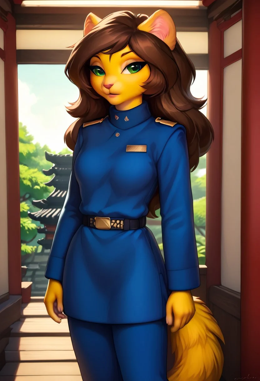 score_9, score_8_up, score_7_up, score_6_up, best quality, masterpiece, detailed, detailed eyes, beautiful, detailed background, perfect eyes, detailed body, pagoda, BREAK
Erma Felna,furry female, animal ears, catgirl, green eyes, long hair, brown hair, yellow fur, military uniform,blue high-collared jacket, blue pants,long sleves, belt,