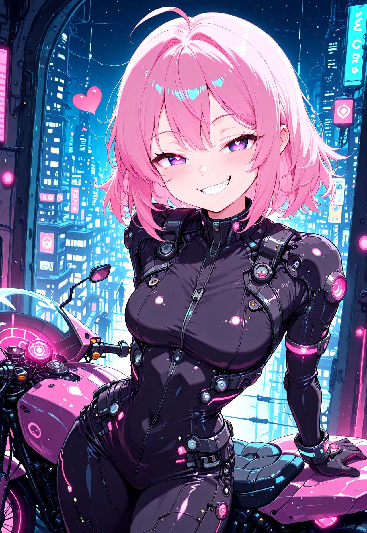 masterpiece, best quality, newest, absurdres, highres, anime,
zzCitronLegacy, eye reflection, CivChan, pink hair, purple eyes, heart, 1girl, blush, smile, smug, grin, looking at viewer, bodysuit, gloves, neon glow, city night, dutch angle, cowboy shot, solo, in the style of cknc, standing, leaning back on motorcycle, hi-tech, sci-fi, 