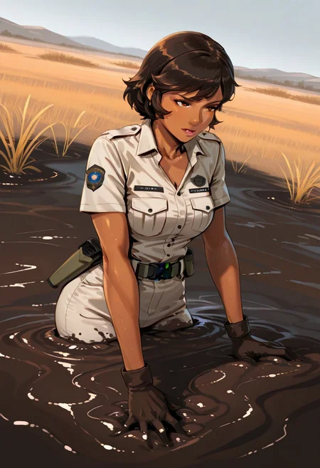 score_9, score_8_up, score_7_up, 1girl, solo, attractive woman, cinematic, Botswanian woman, dark skin, safari guide, safari outfit, chest-deep in brown quicksand, struggling, dynamic pose, savannah background, dynamic angle