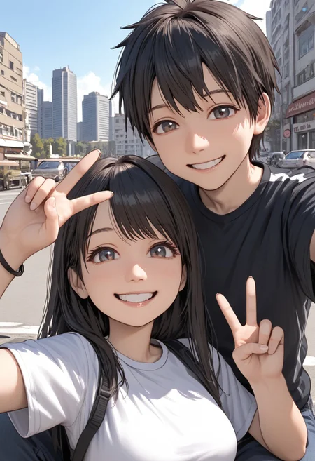 score_4,score_5,score_6,score_7_up,score_8_up,score_9 ((masterpiece,best quality,ultra detailed,highres,HD,4k:1.2)),
chibi,upper body,deformed,| |,
1 girl and 1 boy,hetero,girl focus,
black long hair girli,large breast,
black short hair boy,
day, outside, city, Couple Selfie, sitting, fully clothed,
smile,happy,open eyes,Smiling with teeth showing, peace sign,
