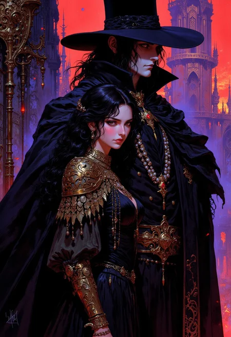 weibo, drawing, illustration retro 90's, Yoshitaka Amano, Ayami Kojima, chromatic aberration, detail, high contrast, cinematic view, volumetric lighting, perspective, vampire_hunter, gothic_fantasy, long_black_hair, stoic_expression, melancholic_woman, dark_gown, golden_details, misty_castle, purple_twilight, red_sky, dramatic_lighting, high_contrast, eerie_atmosphere, fantasy_art, intense_gaze, dark_romantic, gritty_texture, melancholic_mood, thick_linework, surreal,cinematic, intense_detail,photorealistic,(sharp focus:1.3). A stylized character with a striking appearance. A close-up of a character a tall, mysterious vampire hunter with pale skin and a stoic expression, dressed in a flowing black cloak and wide-brimmed hat. He has long, wavy black hair that cascades over his shoulders, and his eyes into the distance. At his side stands a melancholic woman with long dark hair, styled with subtle pearl accents. She wears an elegant dark gown with golden details, her gaze soft but sorrowful. The background features a Gothic, dark castle shrouded in mist with a haunting purple and red twilight sky, adding a sense of foreboding and otherworldly beauty. The scene has a dramatic, high-contrast color palette, with deep shadows and highlights accentuating the hunter's stoic demeanor and the woman's ethereal grace. The image is highly detailed, with a focus on the textures of his suit, the sharpness and the way his interacts with the woman.
DB4RZ, DB4RZ style painting