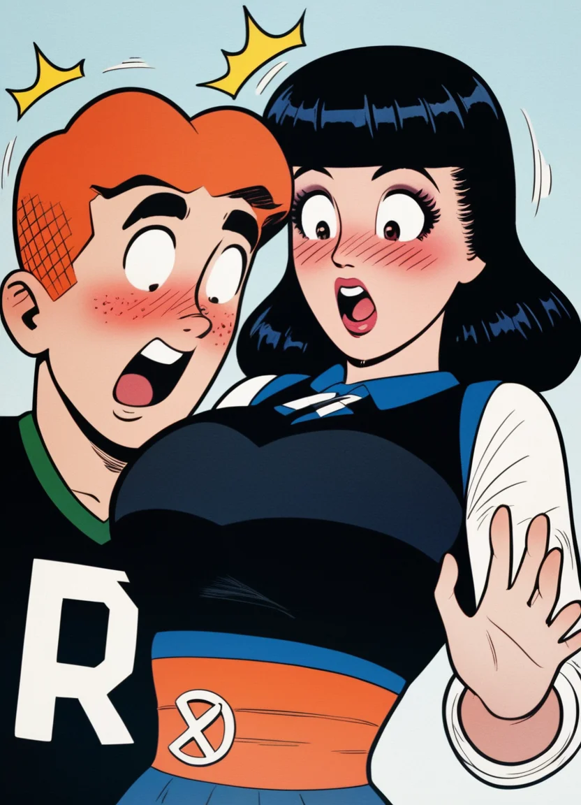 score_9, score_8_up, score_7_up, score_6_up, score_5_up, score_4_up, source_anime, veronica lodge, 1girl, female focus, black hair, medium hair, open mouth, wide eyes, surprised, blush, looking down, looking at breasts, close-up, red dress, short sleeves, bursting breasts, !, motion lines, archie andrews, looking at another, orange hair, short hair, black sweater vest, "R", white sleeves, long sleeves