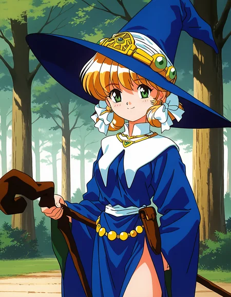 general,highres, ultra-detailed,very aesthetic,best quality ,best hands, BREAK <lora:Mahou_Shoujo_Meruru_IS:1>
Meruru, 1girl,solo, green eyes, witch hat, blonde hair, twintails, short hair, green jewelry, earrings,
breasts, witch, BREAK,
smile,looking at viewer, cowboy_Shot, BREAK,
robe, blue dress, staff, white ribbon, necklace, blue headwear, hair ribbon, hair bow,
1990s \(style\),anime coloring,
forest, tree,
