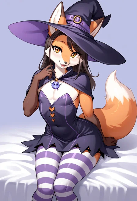 score_9, score_8_up, score_7_up, source_cartoon, 
Solo, one cute fox, male, girly body, posing seductively, (witch costume, short witch dress, ora ge striped leggings, anthropomorphic fox:1.4), on a bed, simple background, (dynamic view:1.2), SomSom Style, easynegative, negative_hand, muscle_mommy