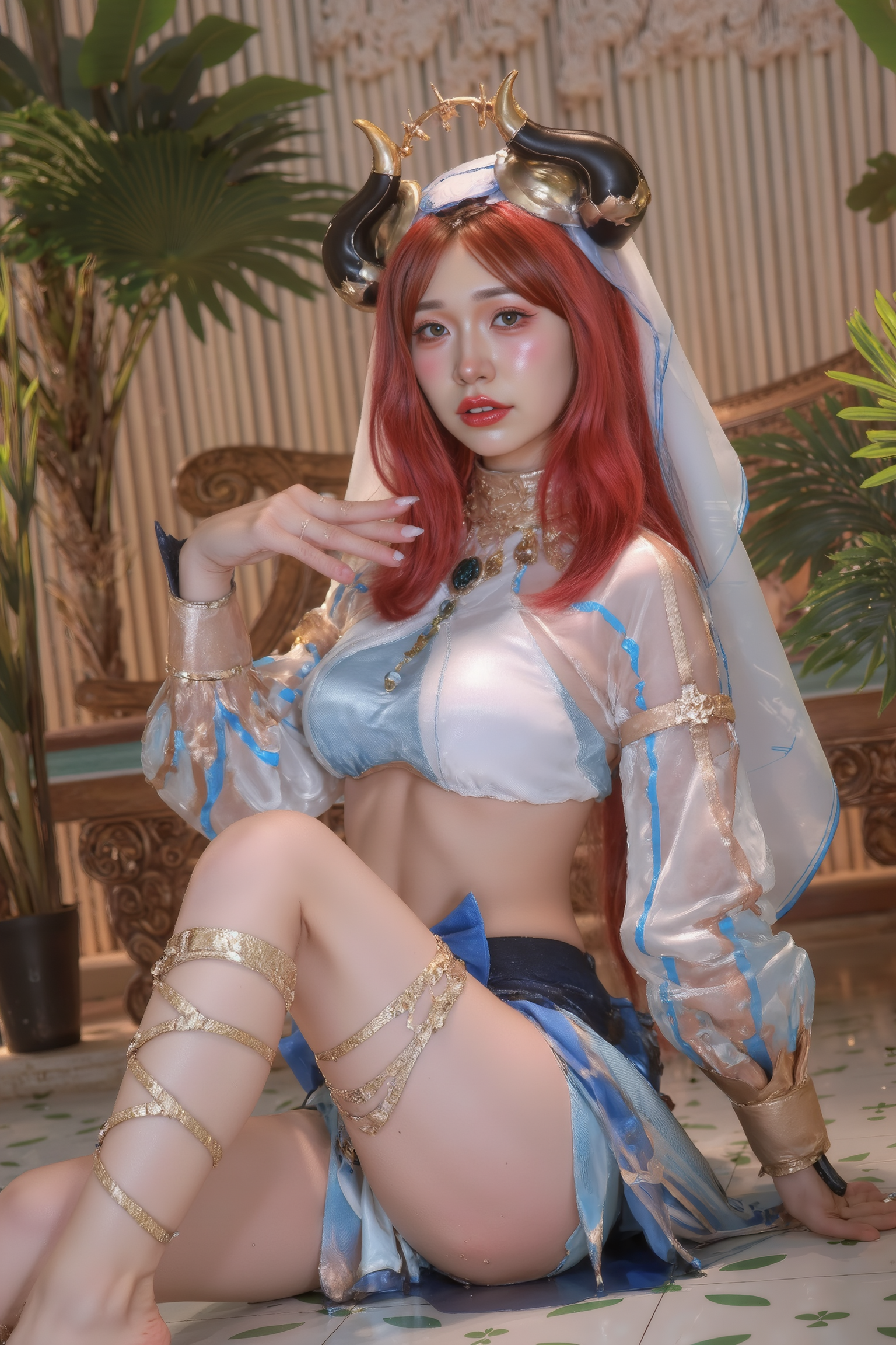 A professional, high-resolution image of a young woman in a contemplative pose, seated on the floor with legs gracefully folded to one side. One arm supports her weight while the other rests naturally across her lap, creating balanced triangular negative spaces throughout the composition. Her gaze is directed slightly away from camera, suggesting a moment of quiet reflection.

She is wearing a blue and white SGWN59Clothing with horns. Her makeup is dramatic, with dark eyeliner and bold, glossy pink lips. 

The lighting features a high-contrast, monochromatic white color scheme that creates a moody, intimate atmosphere. 

The photography technique uses what appears to be soft lighting to create a glamorous effect, with careful attention to highlighting contours while maintaining the dominant light brown color scheme throughout the frame.

The overall aesthetic combines elements of fashion photography, traditional Asian visual motifs, and contemporary boudoir styling. The dramatic light brown lighting creates a cohesive visual theme that ties all elements of the composition together.

The white light emit on her to show her feature.