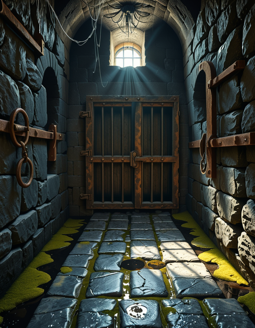 A highly detailed, hyper-realistic photograph of a dark medieval dungeon prison cell. The scene is dimly lit by a single flickering torch mounted on a damp stone wall, casting eerie shadows across the rough, moss-covered stones. Heavy, rusted iron bars form the cell door, slightly ajar, with visible corrosion and ancient padlocks. Inside the cell, there is a straw-covered floor, old wooden buckets, and a crude, splintered wooden bench against the back wall. Chains and manacles hang loosely from the walls, showing signs of long-term use. The atmosphere is cold, humid, and oppressive, with faint light rays piercing through tiny cracks in the stone ceiling. Cobwebs stretch across the corners of the cell, and faint water drips from above, creating small puddles. The overall mood is grim, desolate, and foreboding. Photorealistic style, with high dynamic range (HDR) lighting and extreme attention to textures like rust, moisture, and decay.
<lora:SDXLFaeTastic2400:0.4> <lora:extremely_detailed:0.4> extremely detailed,<lora:medieval_dungeon_pr1s0n_c3ll:1>,medieval dungeon pr1s0n c3ll, Masterpiece,best quality,hi res,8k,hi res,8k,award winning,(sharp focus, intricate, highly detailed),