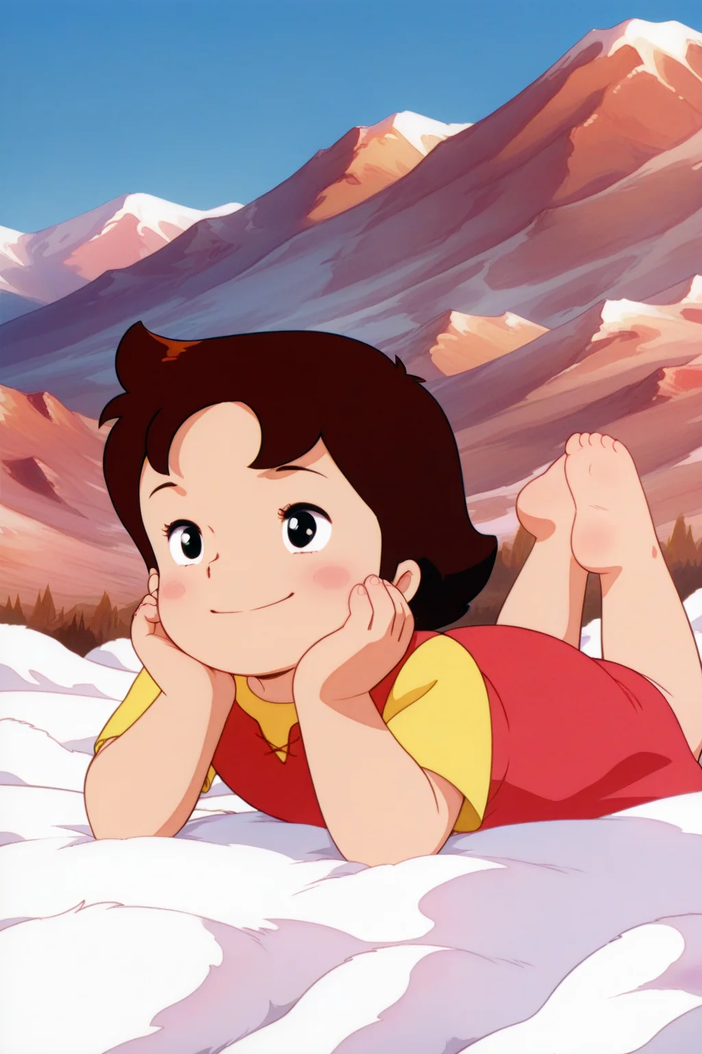 masterpiece, best quality, amazing quality, absurdres, alpsheidi, brown hair, solo, smile, lying, head rest, on stomach, on cloud, lying on cloud, yellow shirt, red dress, barefoot, outdoors, mountains, blue sky, retro artstyle
