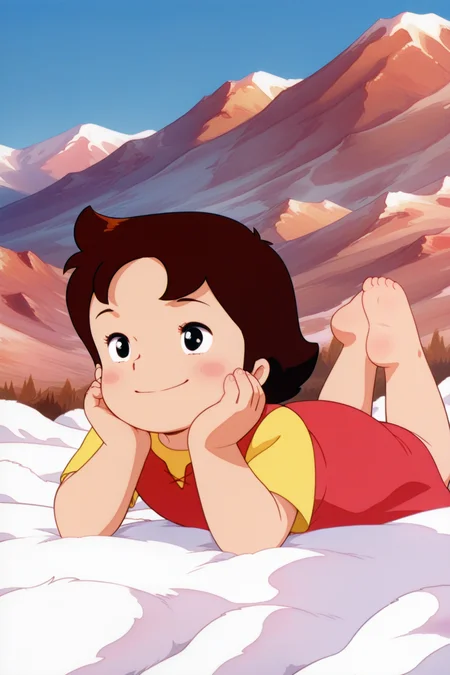 masterpiece, best quality, amazing quality, absurdres, alpsheidi, brown hair, solo, smile, lying, head rest, on stomach, on cloud, lying on cloud, yellow shirt, red dress, barefoot, outdoors, mountains, blue sky, retro artstyle