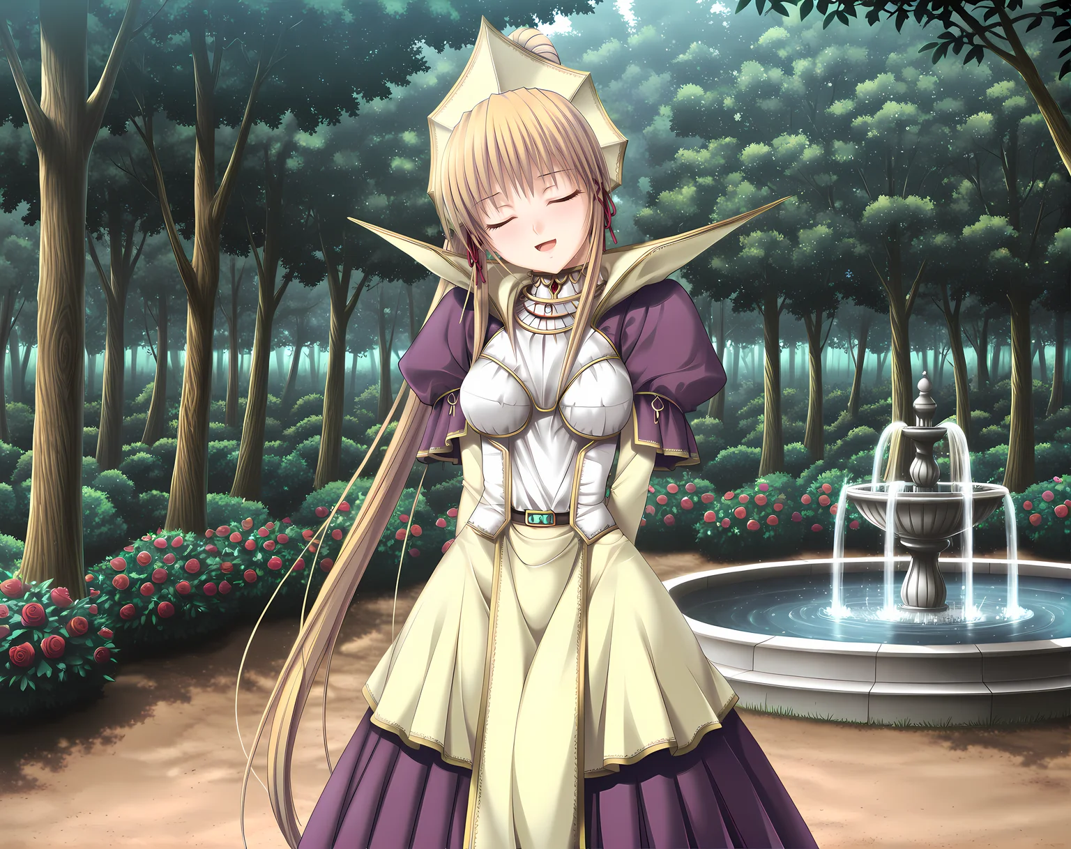 <lora:Ikusa_Megami_Verita_Character_Pack>,ekria, medium breasts,solo,standing,outdoors,garden,rose,tree,flower,fountain,forest,nature,pgoutfit,arms behind back,closed eyes,:D,head tilt,, masterpiece,best quality,amazing quality, very aesthetic, absurdres,detailed eyes,ultra-detailed,