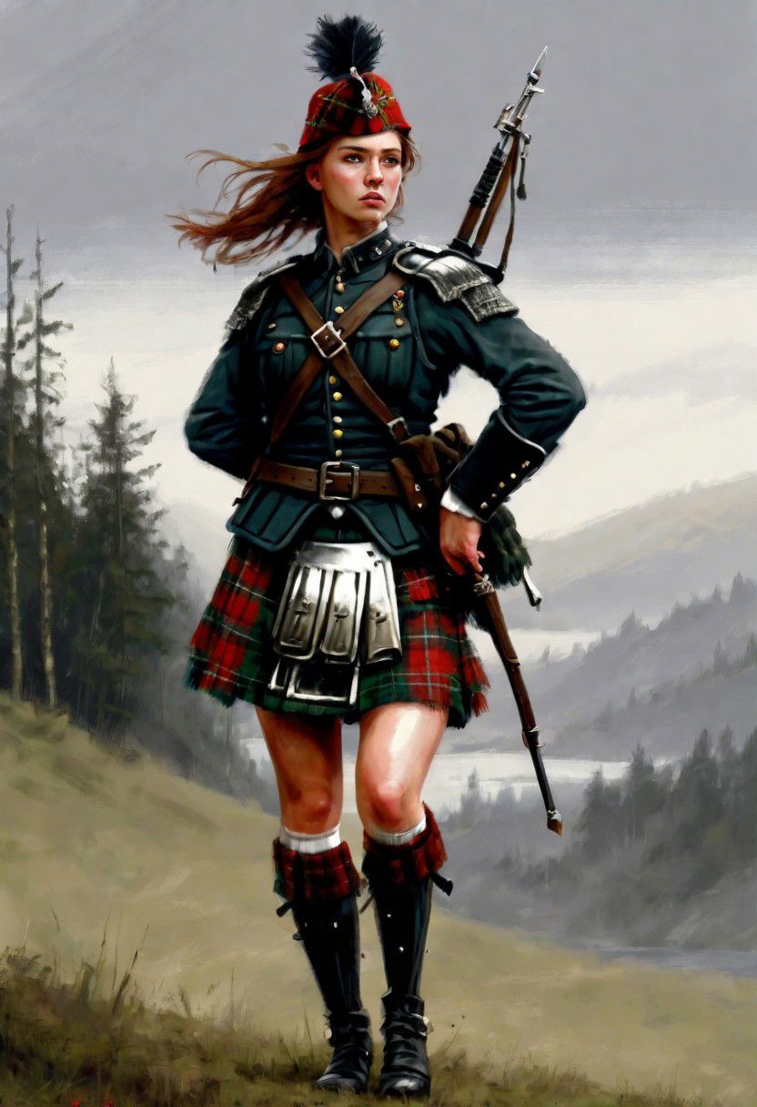beautiful slim large-breast young heavy-armor female Scottish highland soldier, kilt, socks, digital painting in jrst artstyle