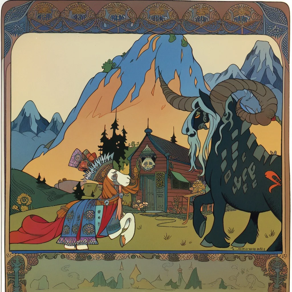 <lora:ivan-bilibin_pony_v1:1> ' grimm's ' by bilibin ivan in 1911,design \(genre\),art nouveau \(modern\) \(style\), Old Slums Houses in a hill sided by a mountain, score_9, score_6_up, score_7_up