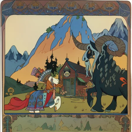 <lora:ivan-bilibin_pony_v1:1> ' grimm's ' by bilibin ivan in 1911,design \(genre\),art nouveau \(modern\) \(style\), Old Slums Houses in a hill sided by a mountain, score_9, score_6_up, score_7_up
