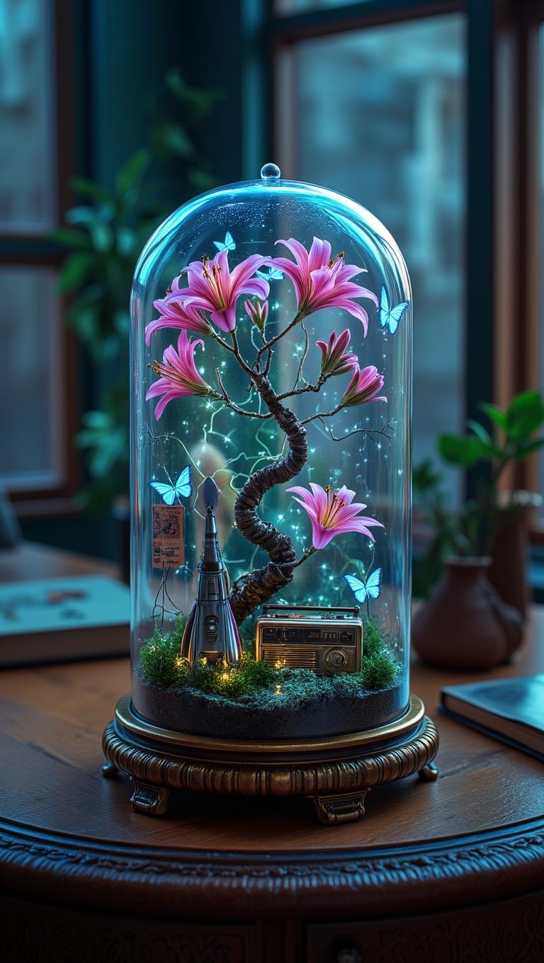 <lora:Refined_Beauty_v1_style.safetensors:1> RefinedBeauty_DA
In the heart of a bustling 1950s city, a neon-lit terrarium stands as a beacon of retro nostalgia and futuristic dreams. The glass dome, encased in a sculpted bronze base, rests on a vintage wooden table, its surface polished to a gleam. Inside, a miniature garden comes to life with the vibrancy of a bygone era.
The scene is a delightful blend of nature and sci-fi, where vibrant pink lilies stand tall, their petals illuminated by the soft glow of neon lights. Delicate blue butterflies, crafted with intricate detail, flutter gracefully around the twisted, majestic tree at the center. The tree itself is a masterpiece, its branches adorned with twinkling fairy lights that mimic the stars of a clear night sky.
Around the base of the tree, a collection of vintage gadgets and toys add to the charm: a tiny, working transistor radio plays the nostalgic tunes of the era, while a miniature rocket ship rests on a launching pad, ready to embark on an intergalactic adventure. Vintage advertisements and comic book pages are cleverly integrated into the scene, adding a touch of retro whimsy.
The terrarium's glass dome is etched with intricate patterns that catch the light, casting playful shadows on the table below. This enchanting piece, a perfect fusion of art and innovation, brings a sense of magic and tranquility to any space, inviting viewers to step back into a time when the future was a bright and wondrous vision.