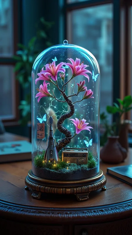 <lora:Refined_Beauty_v1_style.safetensors:1> RefinedBeauty_DA
In the heart of a bustling 1950s city, a neon-lit terrarium stands as a beacon of retro nostalgia and futuristic dreams. The glass dome, encased in a sculpted bronze base, rests on a vintage wooden table, its surface polished to a gleam. Inside, a miniature garden comes to life with the vibrancy of a bygone era.
The scene is a delightful blend of nature and sci-fi, where vibrant pink lilies stand tall, their petals illuminated by the soft glow of neon lights. Delicate blue butterflies, crafted with intricate detail, flutter gracefully around the twisted, majestic tree at the center. The tree itself is a masterpiece, its branches adorned with twinkling fairy lights that mimic the stars of a clear night sky.
Around the base of the tree, a collection of vintage gadgets and toys add to the charm: a tiny, working transistor radio plays the nostalgic tunes of the era, while a miniature rocket ship rests on a launching pad, ready to embark on an intergalactic adventure. Vintage advertisements and comic book pages are cleverly integrated into the scene, adding a touch of retro whimsy.
The terrarium's glass dome is etched with intricate patterns that catch the light, casting playful shadows on the table below. This enchanting piece, a perfect fusion of art and innovation, brings a sense of magic and tranquility to any space, inviting viewers to step back into a time when the future was a bright and wondrous vision.