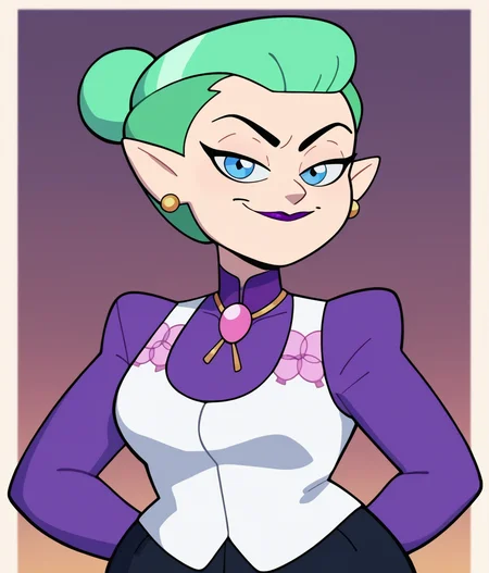 <lora:Odalia_Blight:0.65>, short hair, blue eyes, jewelry, upper body, earrings, mint green hair, pointy ears, hair bun, makeup, lipstick, stud earrings, bolo tie, white vest, purple shirt, gold earrings, purple lipstick, single hair bun, black pants, wide hips, 1girl, looking at viewer, smile, smug, hands behind back, standing pose, wide hips, thick thighs,, score_9, score_8_up, score_7_up, cute,