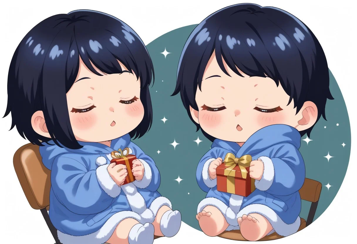 chibi solo, 1girl, medium black hair fluffy blue hanfu, wide long sleeves white hanfu, funny, chibi sitting, infant, toddler,
Fat chibi open christmas gifts, medium, baby, infant, toddler,
closing eyes, giggled, white background, christmas party, chibi, chibi, infant, force side view, force from side,