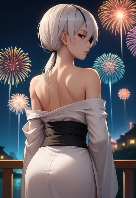 score_9, score_8_up, score_7_up, source_anime, from behind, solo, 1girl, csmquanxi, expressionless, looking back, white hair, ponytail, black eyes, eyepatch, white kimono, off shoulder, black sash, bare shoulders, fireworks <lora:csm_quanxi_ponyXL:1>