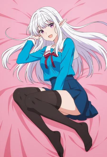 <lora:Mariabelle_illustrious-000040:1>,Mariabelle_one,solo,pointy ears,purple eyes,long hair,open mouth,smile,white hair,looking at viewer,school uniform,:d,blue shirt,long sleeves,darkblue skirt,black thighhighs,cowboy_shot,full body,no shoes,lying